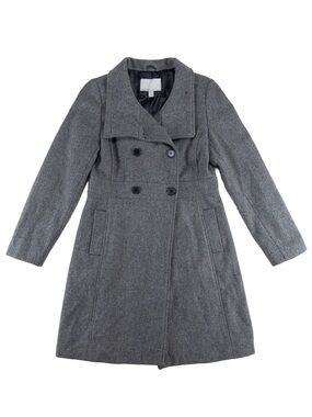 Y2K Old Navy Double Breasted Pea Coat Women M Gray Funnel Neck Wool Blend EUC